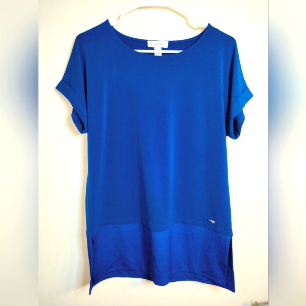 Calvin Klein (Size S) Cobalt Blue Stretch Round Neckline Casual SS Tunic Blouse